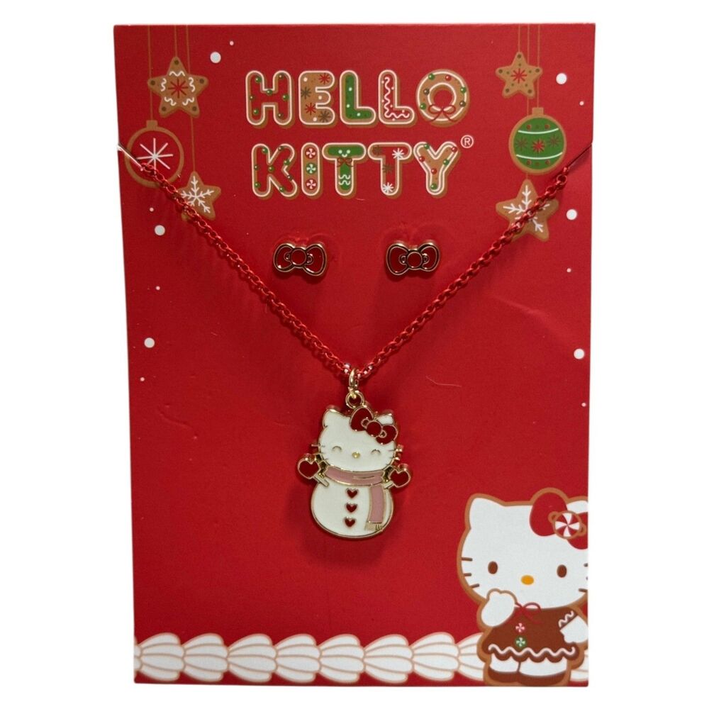 Hello Kitty Sanrio Necklace Earrings Set Red Chain Pendant Holiday Gift